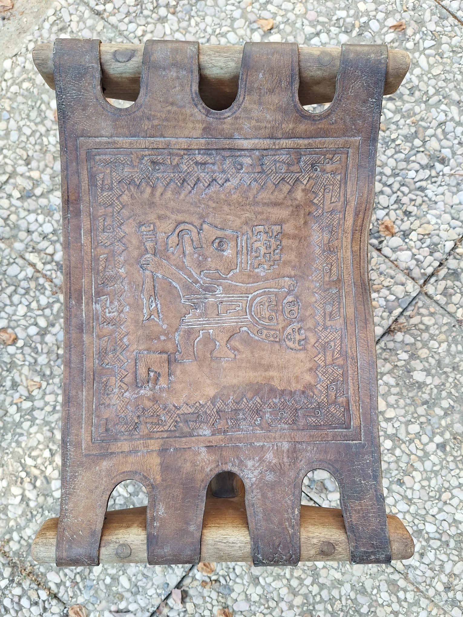1960s ?ngel I. Pazmiño for Muebles de Estilo, Wooden and brown leather stool (1 of 2)