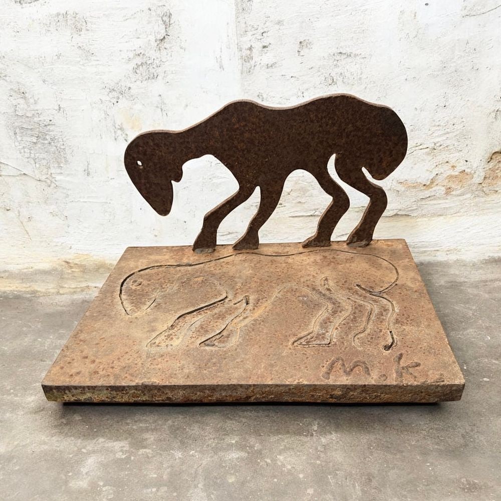 Menashe Kadishman, Lamb, rusted iron sculpture, signed: Menashe Kadishman, Lamb, rusted iron sculpture, 33x18x23 cm, signed with engraved initials.