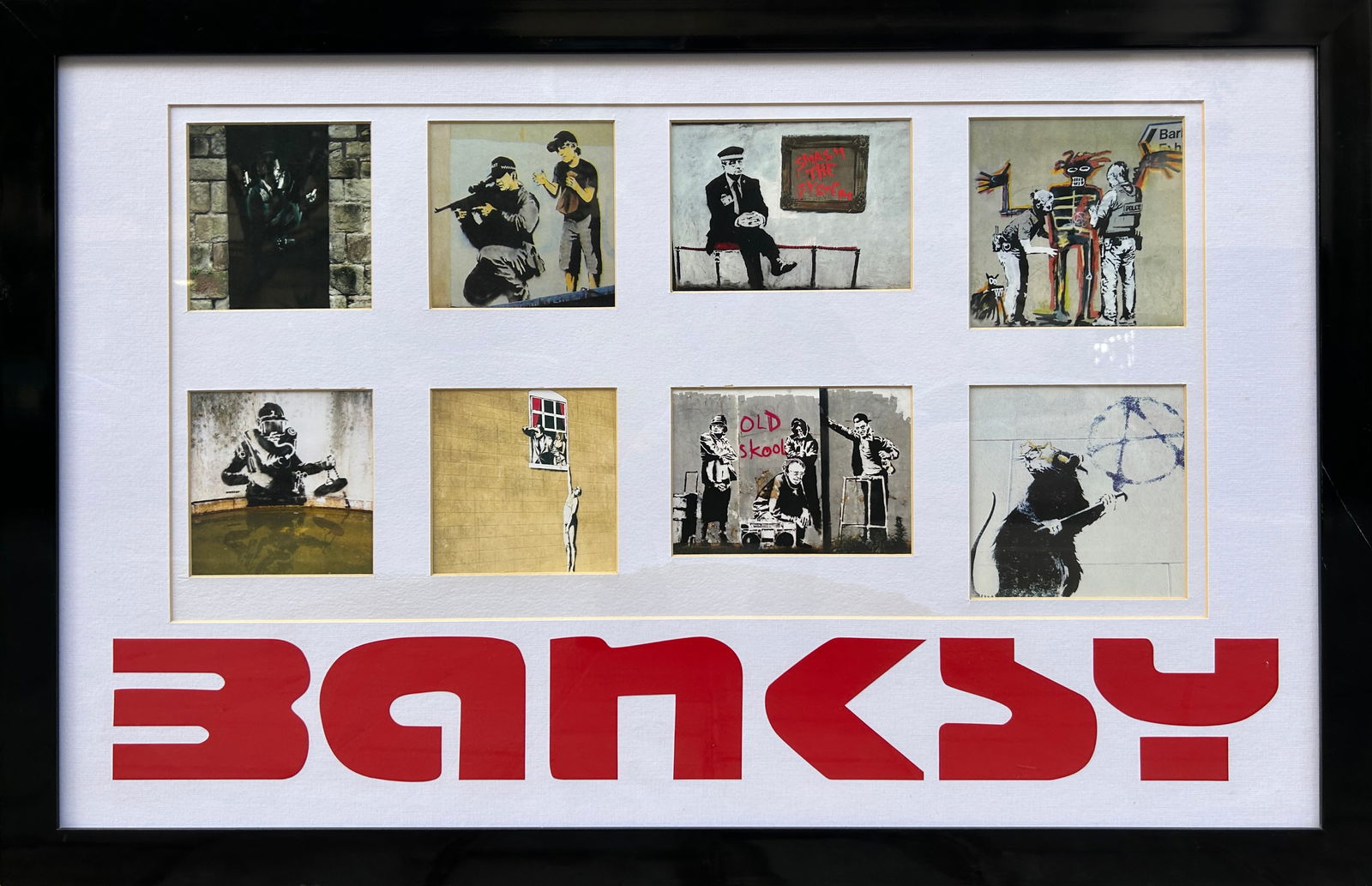 Banksy, Large Framed Display of 8 Iconic Open Edition Prints: A large-format framed display featuring a selection of eight iconic images by the artist Banksy. This curated collection includes notable works such as Well Hung Lover (Bristol), Old Skool, and the Ra