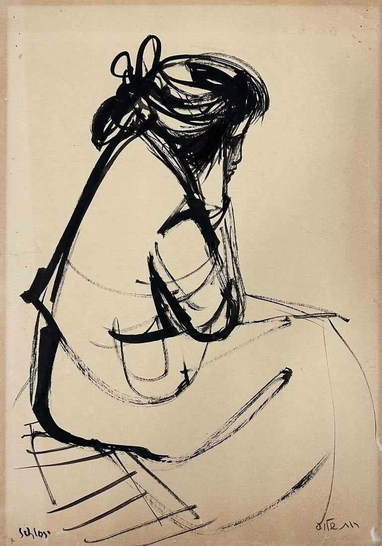 Ruth Schloss, Israeli - Germany, Black Ink on Paper: Ruth Schloss Seated Girl, black ink on paper, 50x34 cm, signed in Hebrew and English. Ruth Schloss, Israeli, born in Germany, 1922-2013. In 1937, she immigrated to the Land of Israel. In the late 1930