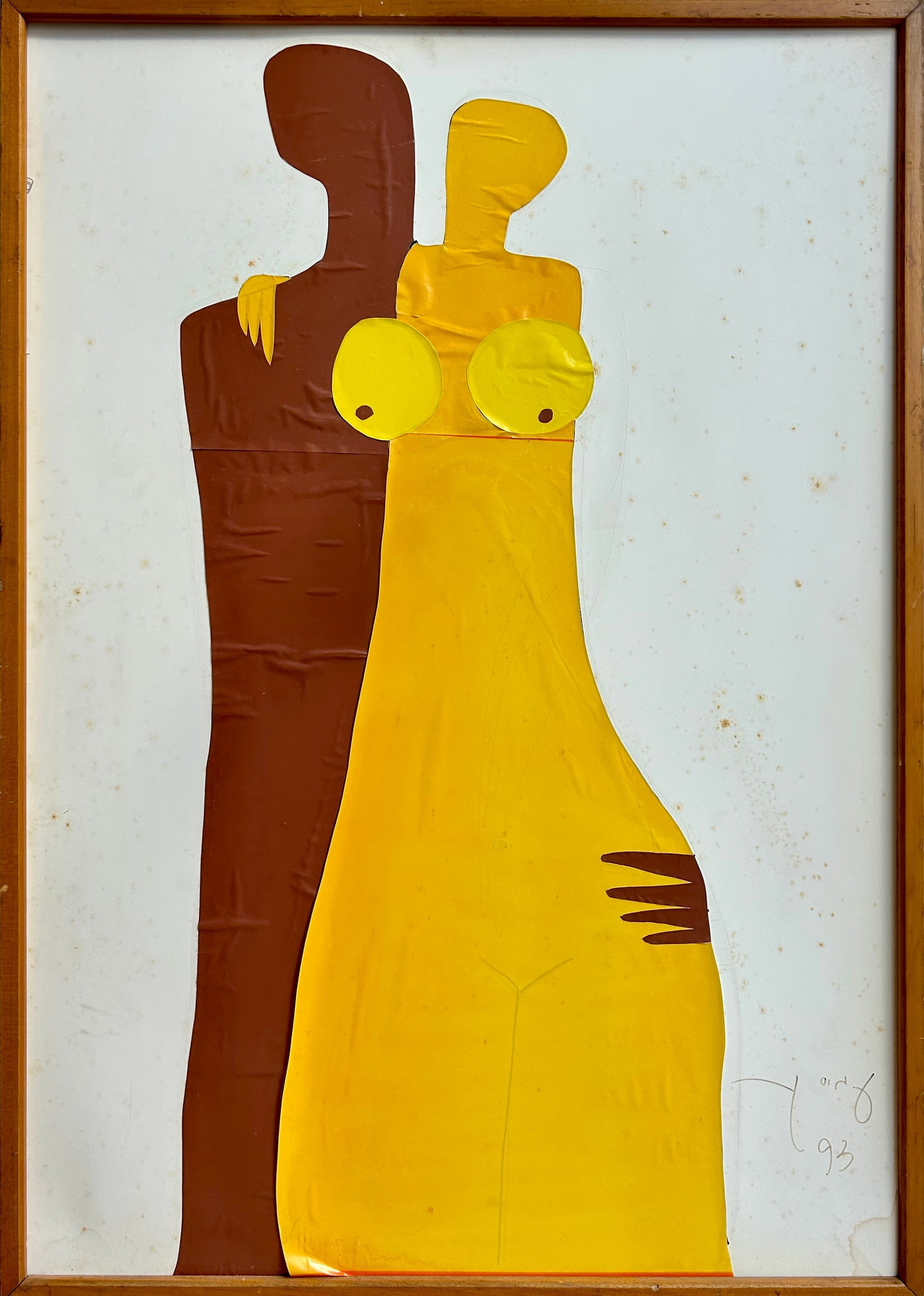 Amos Kenan, Israeli, Collage, Marker and Pencil on Paper: Amos Kenan "A Couple of Lovers", collage, marker and pencil on paper, 69x98 cm, framed. Foxing (oxidation spots). Signed and dated 1993. A high-quality and rare work. Amos Kenan (1927–2009) was a mu