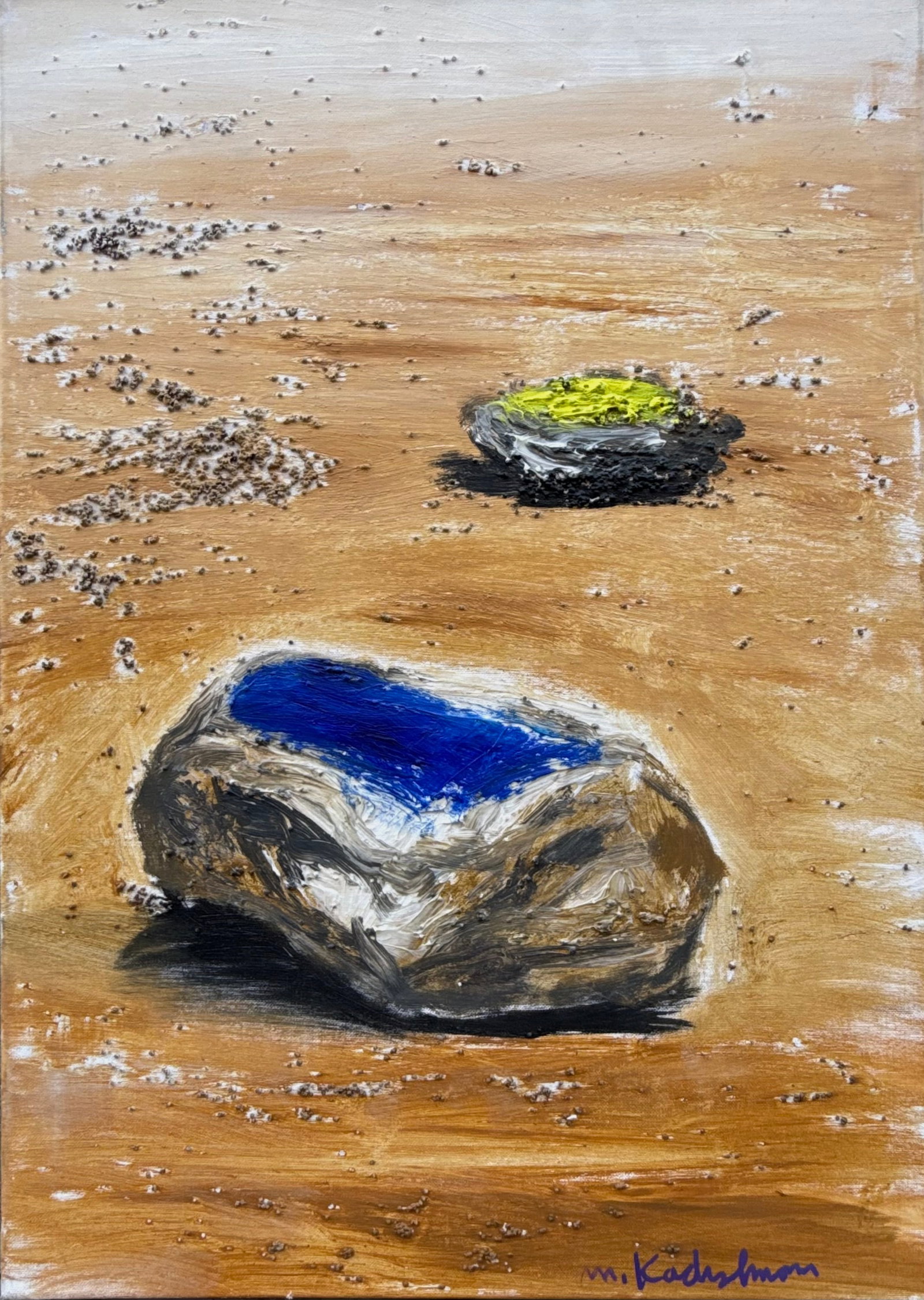 Menashe Kadishman, Israeli - Jewish, Acrylic and Sand on Canvas: Menashe Kadishman Stones in a Landscape, acrylic and sand on canvas with thick layers, a technique developed around the 1990s/2000s. Approx. 80x60 cm, signed on the front and reverse. Quality work by