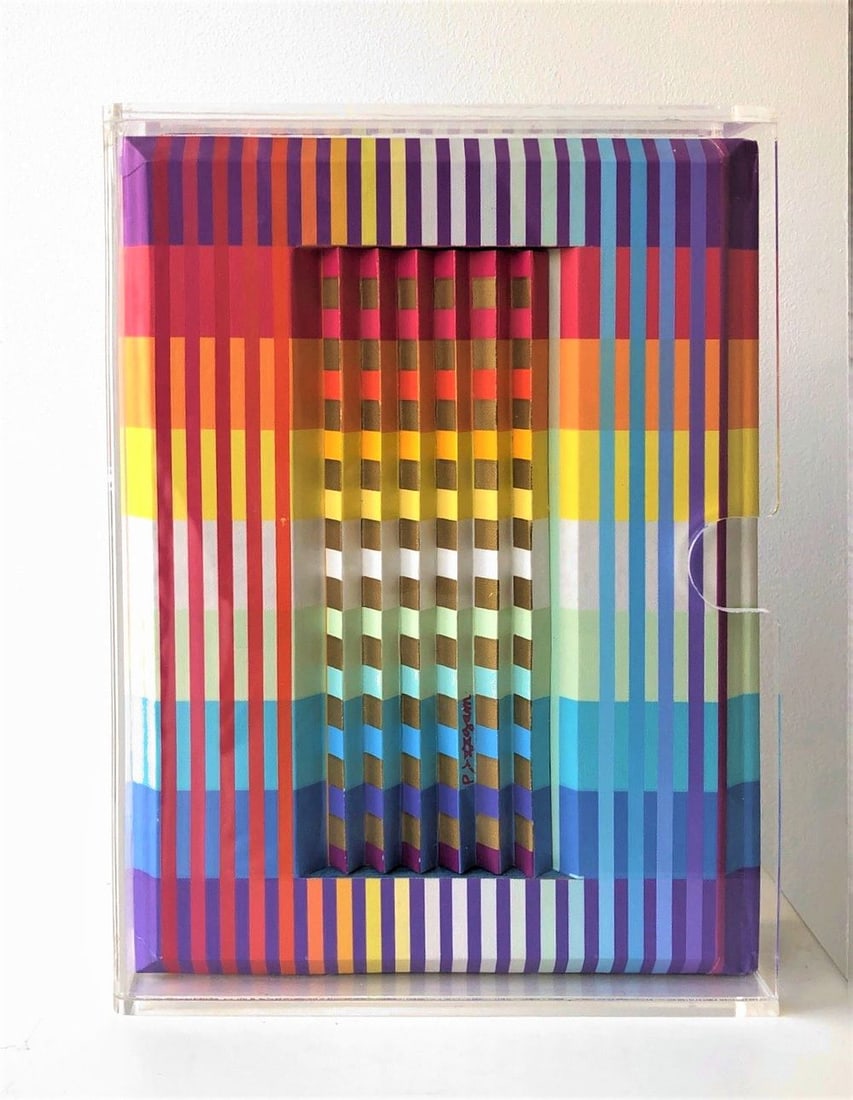 Yaacov Agam, Israeli, The Five Books of Moses (Torah), Kinetic Design: Yaacov Agam The Five Books of Moses (Chumash) in a kinetic design by the artist, housed in a Perspex box. Dimensions: 28x22 cm (excluding the Perspex). Signed. Yaacov Agam (born 1928, Rishon LeZion) i