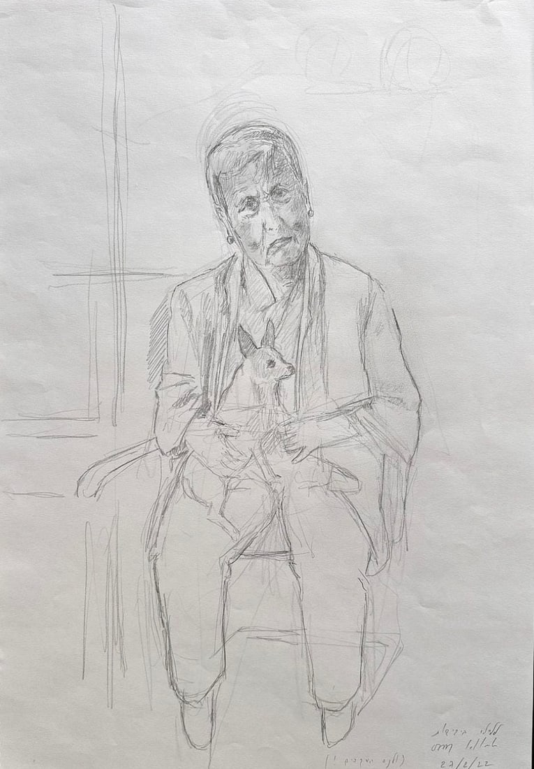 Ofer Lellouche, Israeli - Tunisia, Pencil on Paper: Ofer Lellouche Portrait of the renowned model and artist Laila Schwartz and her dog, pencil on paper, 59x41 cm. Signed and dated 2022. A work featuring the artist's characteristic lines.