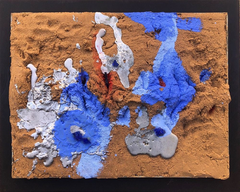 Sigalit Landau, Israeli, Song of the Seam, Oil and Sand on Welded Tin: Sigalit Landau Song of the Seam, oil and sand on welded tin, 32x42 cm. Signed and dated 2017. Accompanied by a Certificate of Authenticity (COA) from the artist's studio. Later wooden base, housed in