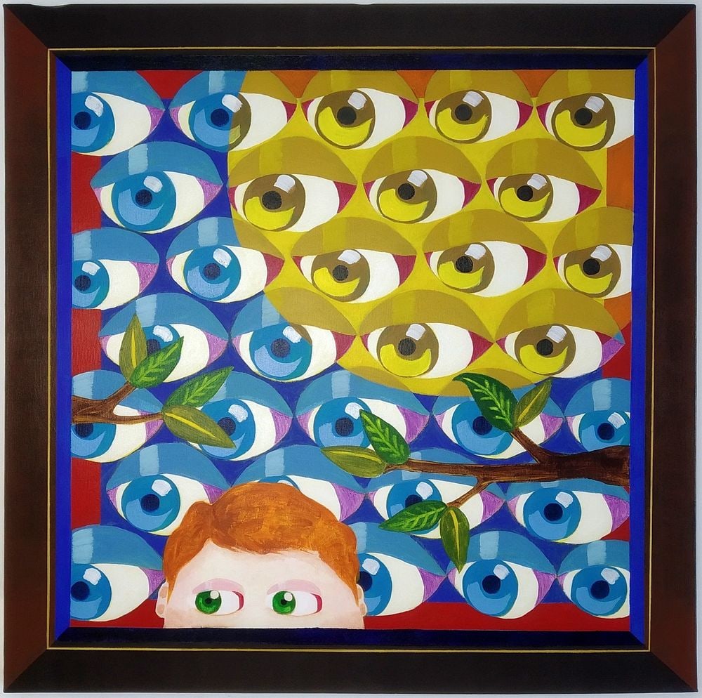 Eliyahu Eric Bukobza, Israeli, "Boy with a Yellow Sun", Acrylic on Canvas: Eliyahu Eric Bukobza "Boy with a Yellow Sun", acrylic on canvas, 60x60 cm. Nicely framed. Eliyahu Eric Bukobza has been engaged for two decades in investigating questions of cultural and political ide