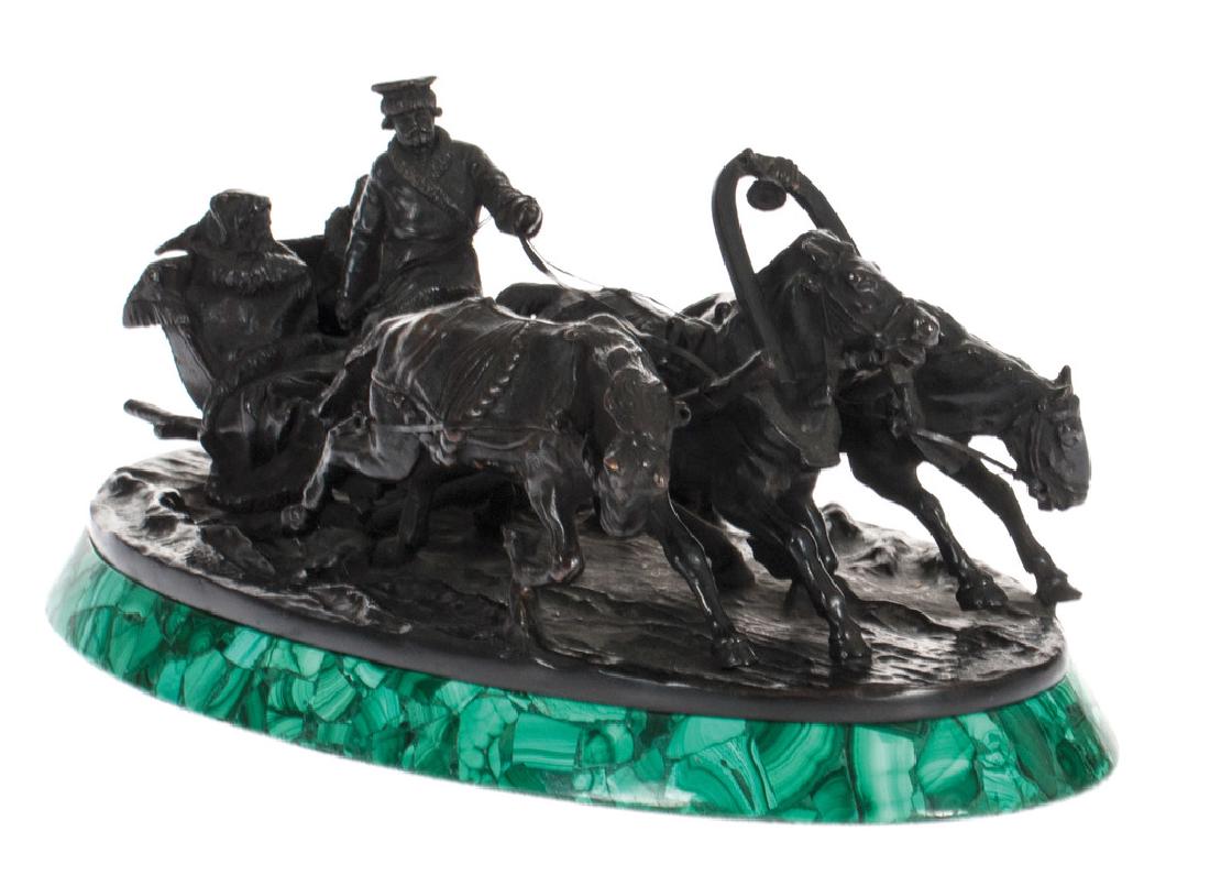 Bronze figure 'Team of three in winter', Vasily Grachev: 19/20th century. Author - Vasily Grachev (1831-1905). Workshop - C.F. Verfel Russia, St. Petersburg (1840-1914). Bronze, malachite. Size 12x16x25 cm