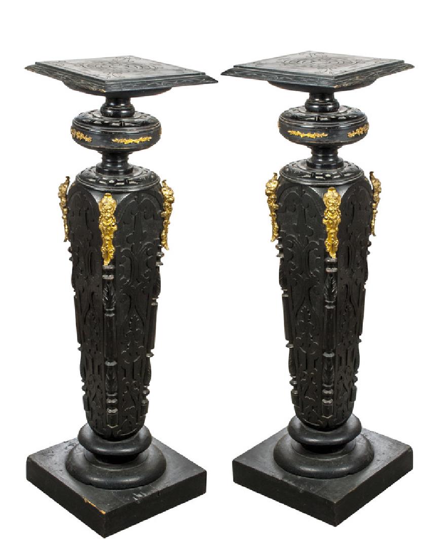 Couple of wooden podiums: End of 19th century. Tinted birch, bronze lining. Height 114 cm