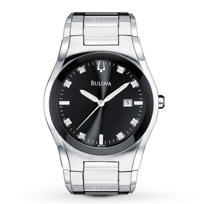 Bulova Black Dial Diamond Watch: Dress watch, Three-hand Japanese quartz movement displaying polished gunmetal hour and minute hands with luminous accents and polished sweep seconds, 8 genuine diamond hour markers, Applied and polish