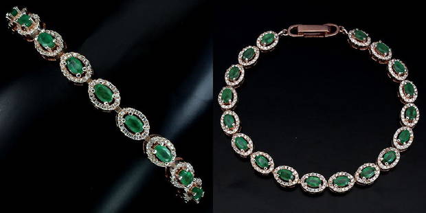 Natural Green Emerald Bracelet: EMERALD (NATURAL) & CUBIC ZIRCONIA 14K ROSE GOLD PLATED 925 SILVER BRACELET;WEIGHT (CT.):75.77 CT. (total weight of silver + stone)DIMENSION:* STONE 5.0 X 3.0 MM. * CZ 1.0 MM.* LENGTH 7.5 INCHES. *