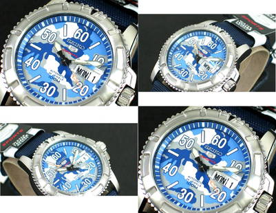 Seiko Blue Camouflage Watch: 100% AUTHENTIC AND BRAND NEW SEIKO MEN WATCH, JAPAN 4R36 MOVEMENT, AUTOMATIC/HAND WINDING, SECOND HAND HALT MECHANISM, 24 JEWELS, 100M WR, DAY-DATE CALENDAR, MAGNIFIED DATE WINDOW, UNI-DIRECTIONAL