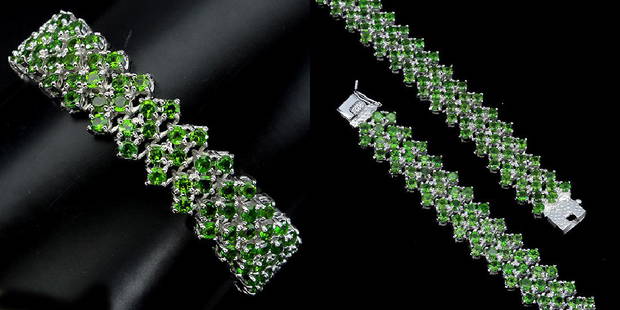 NATURAL GREEN CHROME DIOPSIDE BRACELET: CHROME DIOPSIDE (NATURAL) 14K WHITE GOLD COATING 925 SILVER BRACELETUNIT OF ITEM (S):1 PIECEWEIGHT (CT.):161.71 CT. (total weight of silver + stone)DIMENSION:* STONE 2.5 MM. * LENGTH 7.5 INCHES. *