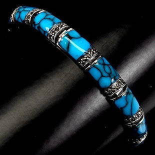 Natural Blue Turquoise Bracelet: TURQUOISE (NATURAL) 925 SILVER BRACELET;UNIT OF ITEM (S):1 PIECE;WEIGHT (CT.):115.85 CT. (total weight of silver + stone)DIMENSION:* STONE 8.0 X 7.0 MM.* LENGTH 7.0 INCHES. * FACE BRACELET 164.0 X