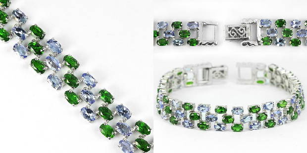 Natural Tanzanite & Green Chrome Diopside Bracelet: REAL BLUE TANZANITE & CHROME DIOPSIDE 925 SILVER BRACELET 14K WHITE GOLD COATING; LENGTH OF ITEM (Inch.)7.00 ( RESIZE : NO )ITEM QUANTITY1STONE SHAPEOVAL PORTUGUESE CUTSTONE DIMENSION5 X 3 MM.MAIN