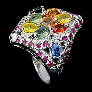 Natural Fancy Sapphire & Ruby Ring: FANCY SAPPHIRE & RUBY (NATURAL) 14K WHITE GOLD COATING 925 SILVER RING;WEIGHT (CT.):31.02 CT. (total weight of silver + stone)DIMENSION:* STONE 1.5 TO 4.0 X 3.0 MM. * RING SIZE 7.0 * FACE RING 22.0 X