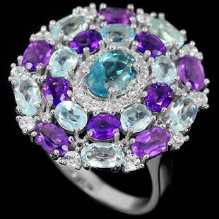 Natural Multi Gemstone Ring: GENUINE MULTI COLOR TOPAZ(swiss topaz & London Blue Topaz) AMETHYST & CZ 925 SILVER RING 14K WHITE GOLD COATING..size 6.5 (can be resized)..STONE SHAPEOVAL PORTUGUESE CUTSTONE DIMENSION7 X 5 MM. 5 X