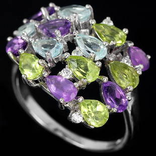 Natural Multi Gemstone Ring: GENUINE TOPAZ AMETHYST PERIDOT & WHITE CZ 925 SILVER RING 14K WHITE GOLD COATING; RING SIZE, LENGTH OF ITEM (Inch.)7.00 ( can be resized )ITEM QUANTITY1STONE SHAPEPEARSTONE DIMENSION5 X 3 MM. , 4 X
