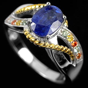 GENUINE MULTI COLOR SAPPHIRE & CZ RING: Natural MULTI COLOR SAPPHIRE & CZ 925 SILVER RING 14K WHITE-YELLOW GOLD COATING......ring size ..6.5; Main Stone.....Blue Sapphire 1.55 cts....8 x 6 mm.....heated;FACE OF RING 19 X 10 MM. SAPPHIRE &