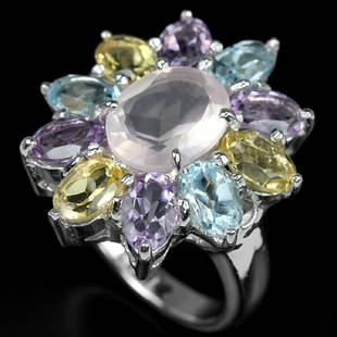 Natural Rose Quartz Citrine Amethyst Ring: NATURAL ROSE QUARTZ AMETHYST CITRINE TOPAZ 925 SILVER RING 14K WHITE GOLD COATING...size 6.5 (can be resized) STONE SHAPEOVAL PORTUGUESE CUTSTONE DIMENSION10 X 8 MM. & 6 X 4 MM.ITEM WEIGHT8.99