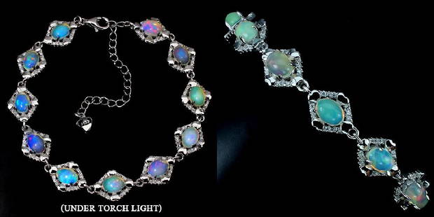 Natural Rainbow Color Opal Bracelet: FIRE OPAL (NATURAL) & CUBIC ZIRCONIA 14K WHITE GOLD PLATED 925 SILVER BRACELETUNIT OF ITEM (S):1 PIECEWEIGHT (CT.):72.66 CT. (total weight of silver + stone)DIMENSION:* STONE 7.0 X 5.0 MM. * CZ 1.0