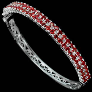Stunning Natural Red Ruby 6.85 Carats Bangle: Stunning.....GENUINE RED RUBY ROUND FACET 925 SILVER BANGLE 14K WHITE GOLD COATED.....SIZE 7 INCH; STONE SHAPE ROUND FACET CUT;STONE DIMENSION 3 MM.; MAIN STONE WEIGHT- 6.85 CARATs; COLOR-