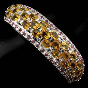 Natural Ruby & Yellow Citrine Bangle: CITRINE & RUBY (NATURAL) 14K WHITE GOLD COATING 925 SILVER BANGLE;UNIT OF ITEM (S):1 PIECE;WEIGHT (CT.):143.26 CT. (total weight of silver + stone)DIMENSION:STONE 2.0 TO 6.0 X 4.0 MM. * DIAMETER 2.1