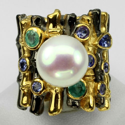 Natural White Pearl 11 mm Emerald Tanzanite Ring (1 of 1)
