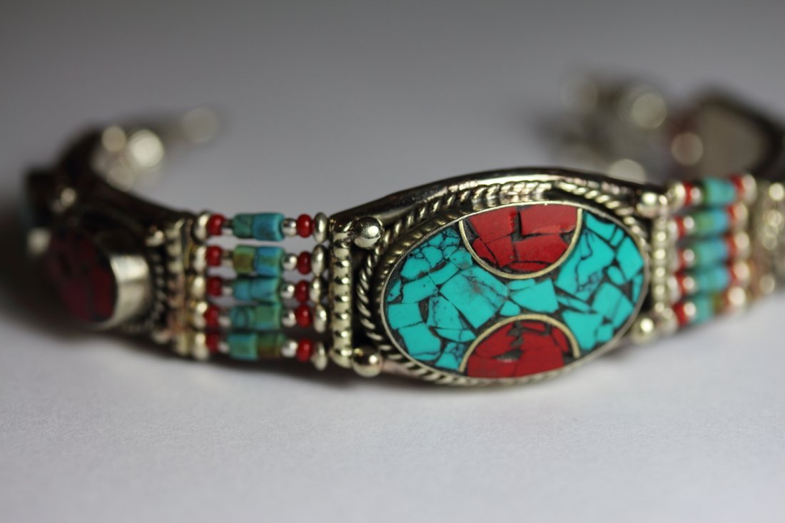 Tibet Hand Made Turquoise, Coral Bracelet (1 of 1)
