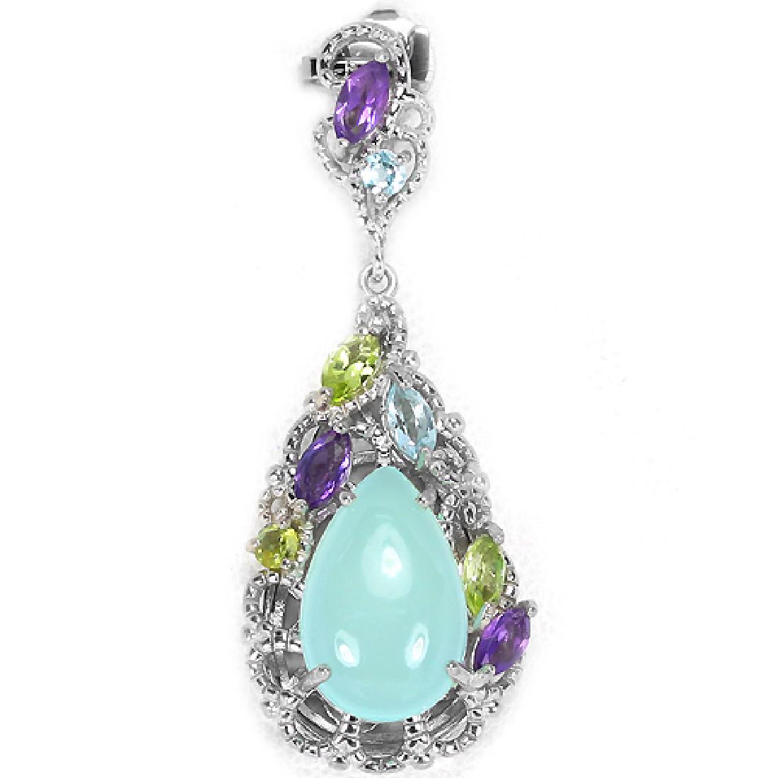 Natural Chalcedony Amethyst Peridot Pendant: CHALCEDONY AMETHYST PERIDOT TOPAZ 925 SILVER PENDANT 14K WHITE GOLD COATING...........STONE DIMENSION14 X 9 MM.;MAIN STONE WEIGHT7 CARAT;COLORLAVENDER BLUE;CLARITYTRANSLUCENT;LUSTERENCHANTING'TREATMEN