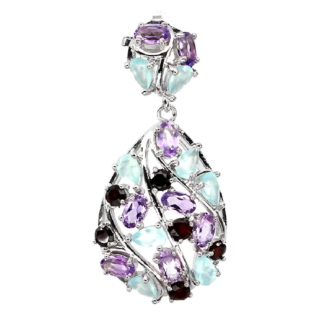 Natural Chalcedony Amethyst Mozambique Garnet Pendant: CHALCEDONY , AMETHYST & MOZAMBIQUE GARNET (NATURAL) 14K WHITE GOLD PLATED 925 SILVER PENDANT;UNIT OF ITEM (S):1 PIECE;WEIGHT (CT.):27.34 CT. (total weight of silver + stone);DIMENSION:* STONE 3.0
