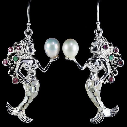 NATURAL JAPANESE PEARL EMERALD RUBY MERMAID EARRING (1 of 1)