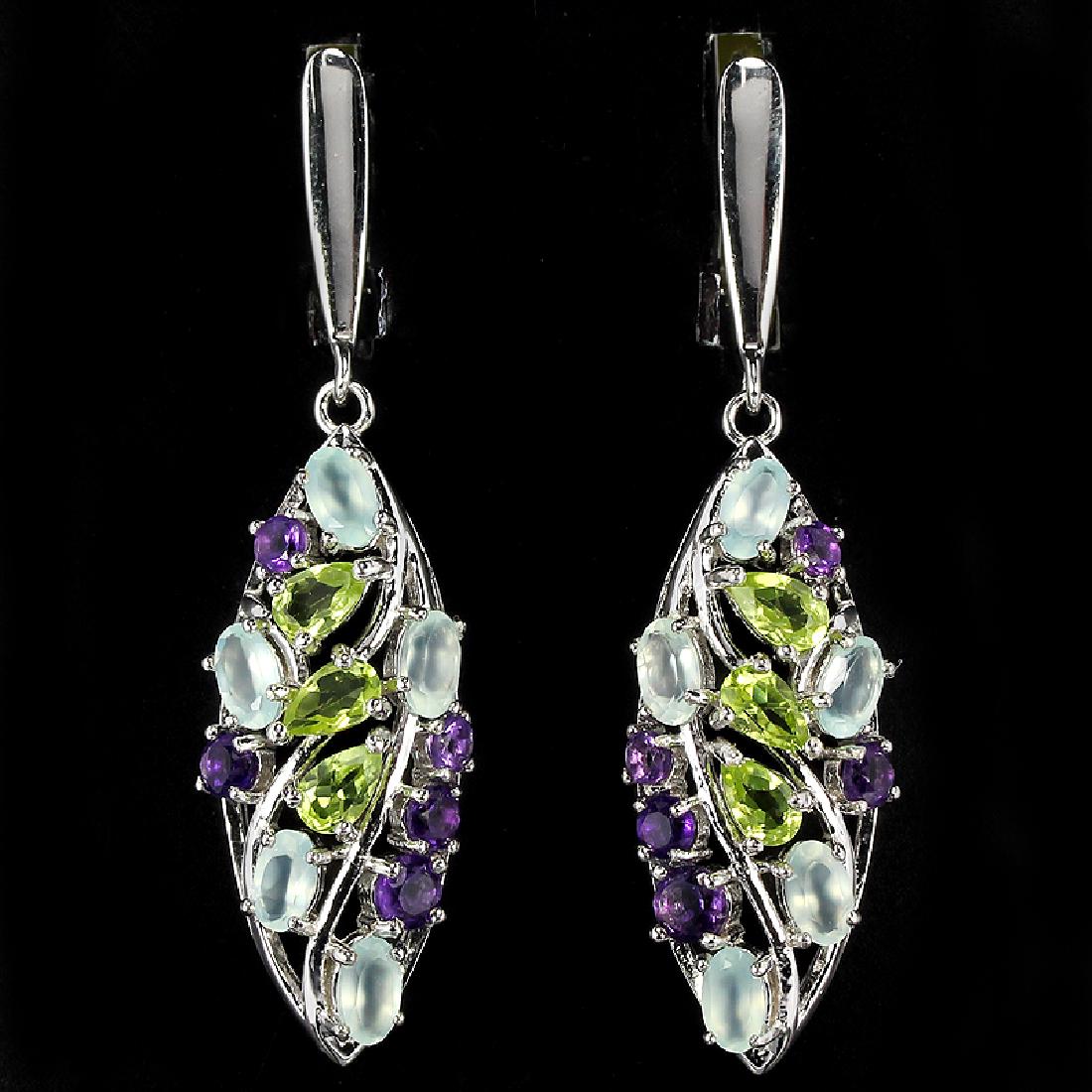 Natural Multi Gemstone EarRing: GENUINE CHALCEDONY PERIDOT & AMETHYST 925 SILVER EARRING 14K WHITE GOLD COATING; STONE SHAPEMIXED SHAPE;STONE DIMENSION5 X 3 MM. , 3.5 MM. , 3 MM. & 2.5 MM.;ITEM WEIGHT-8.8 GRAM;COLORMULTI COL