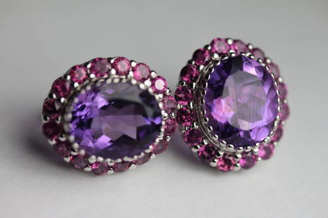 Natural Amethyst & Garnet Earrings: Natural Amethyst & Garnet Earrings.925 stering silver....with 14k white gold plated....total weight 37.78 cts....amethyst origin -- Brazil; face of earring 19 MM