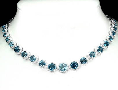 Natural London Blue Topaz 135 Carats Necklace: 925 STERLING SILVER.....PLATE........14K WHITE GOLD;LENGTH (INCHES)19;MAIN STONE-LONDON BLUE TOPAZ;OTHER GEMS-,SKY BLUE TOPAZ;TOTAL WEIGHT 135 CT (TOTAL WEIGHT OF SILVER + STONE)DIMENSION* STONE 5.0 T