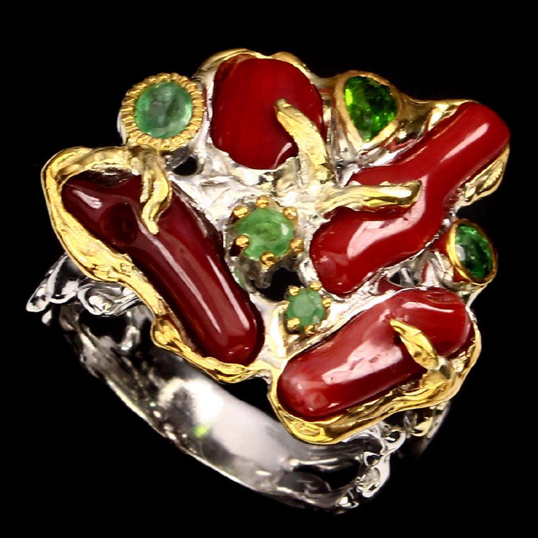 Natural 16x5 Mm Top Red Coral & Emerald Ring (1 of 3)