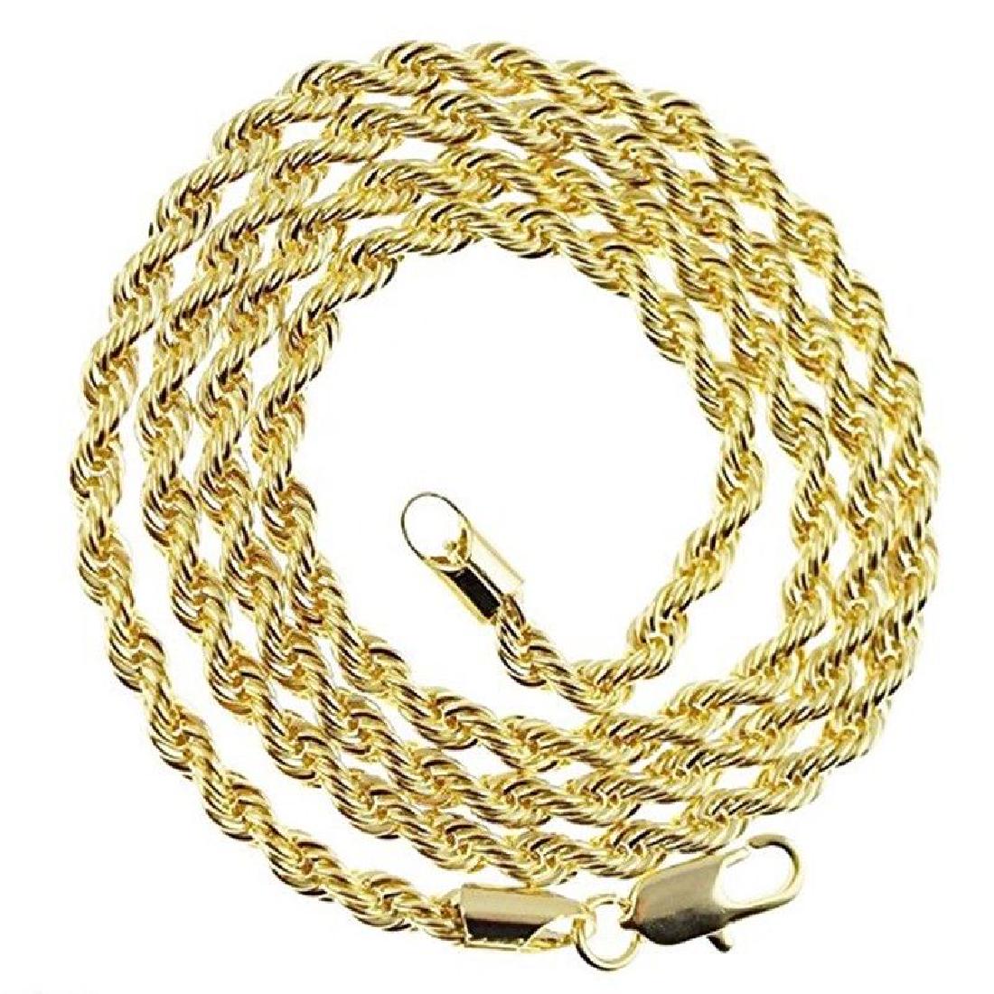 AWESOME 14 Kt. GOLD PLATED ROPE CHAIN: WESOME 14 Kt. GOLD PLATED ROPE CHAIN.THIS CHAIN IS 24" LONG AND 3 mm. THICK. APPROX 23 GRAMS. SHOWS LIKE SOLID GOLD WITHOUT THE SOLID GOLD PRICE. GET READY FOR THE COMPLIMENTS ON THIS ONE.