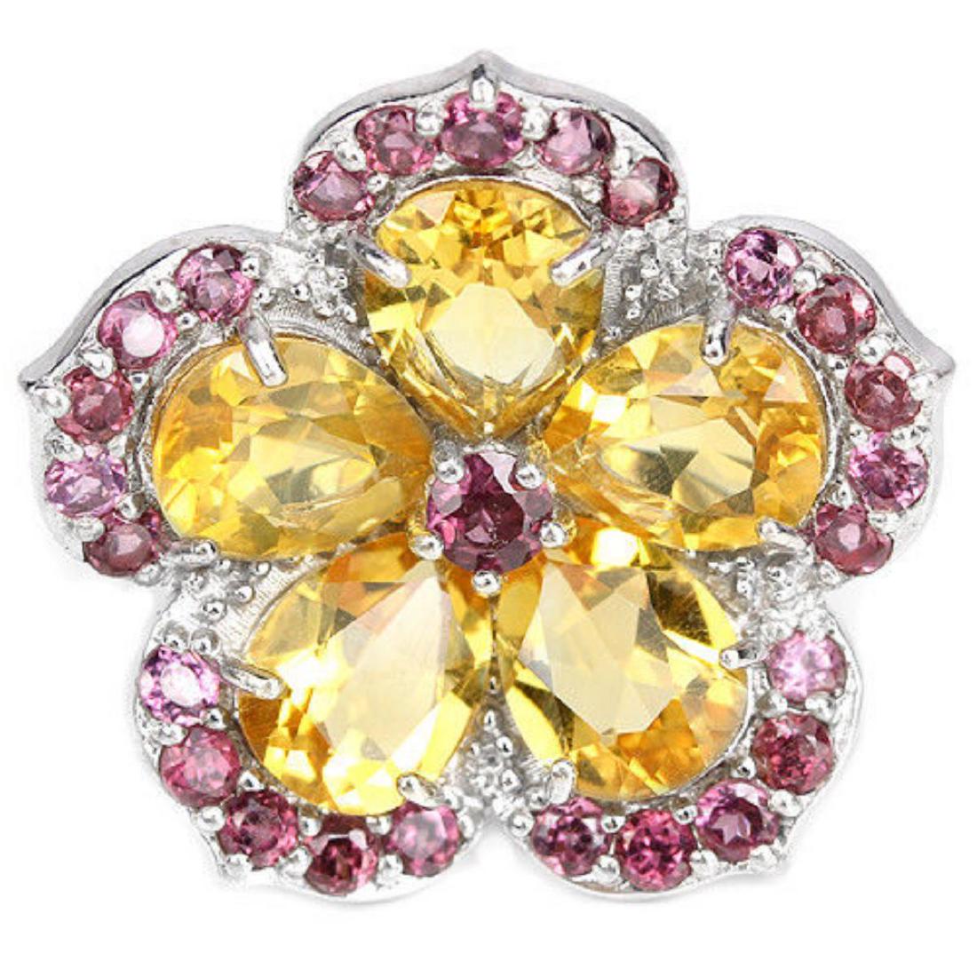 NATURAL CITRINE & RHODOLITE GARNET Flower Ring (1 of 2)