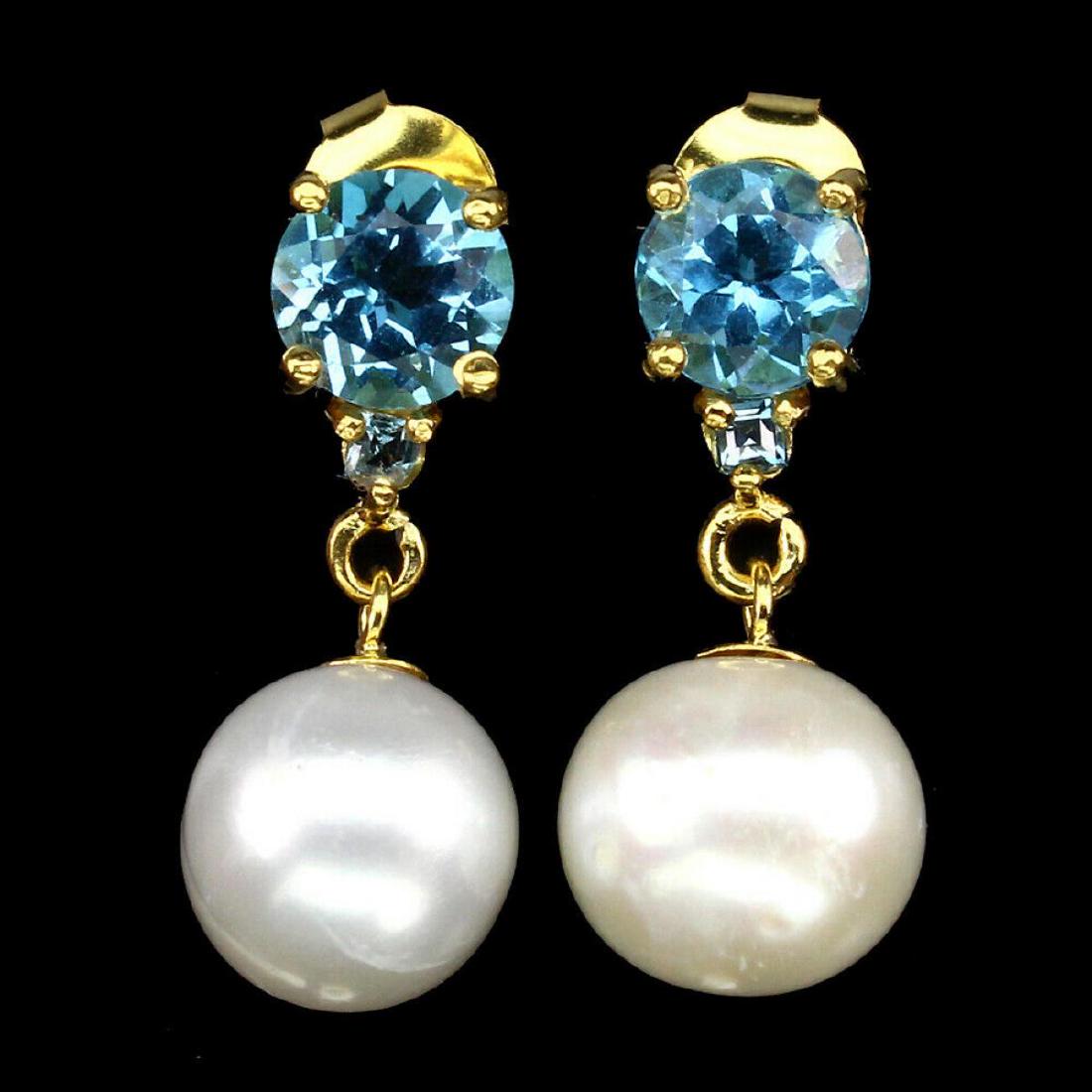 Natural Swiss Blue Topaz Creamy Pearl Earrings (1 of 1)