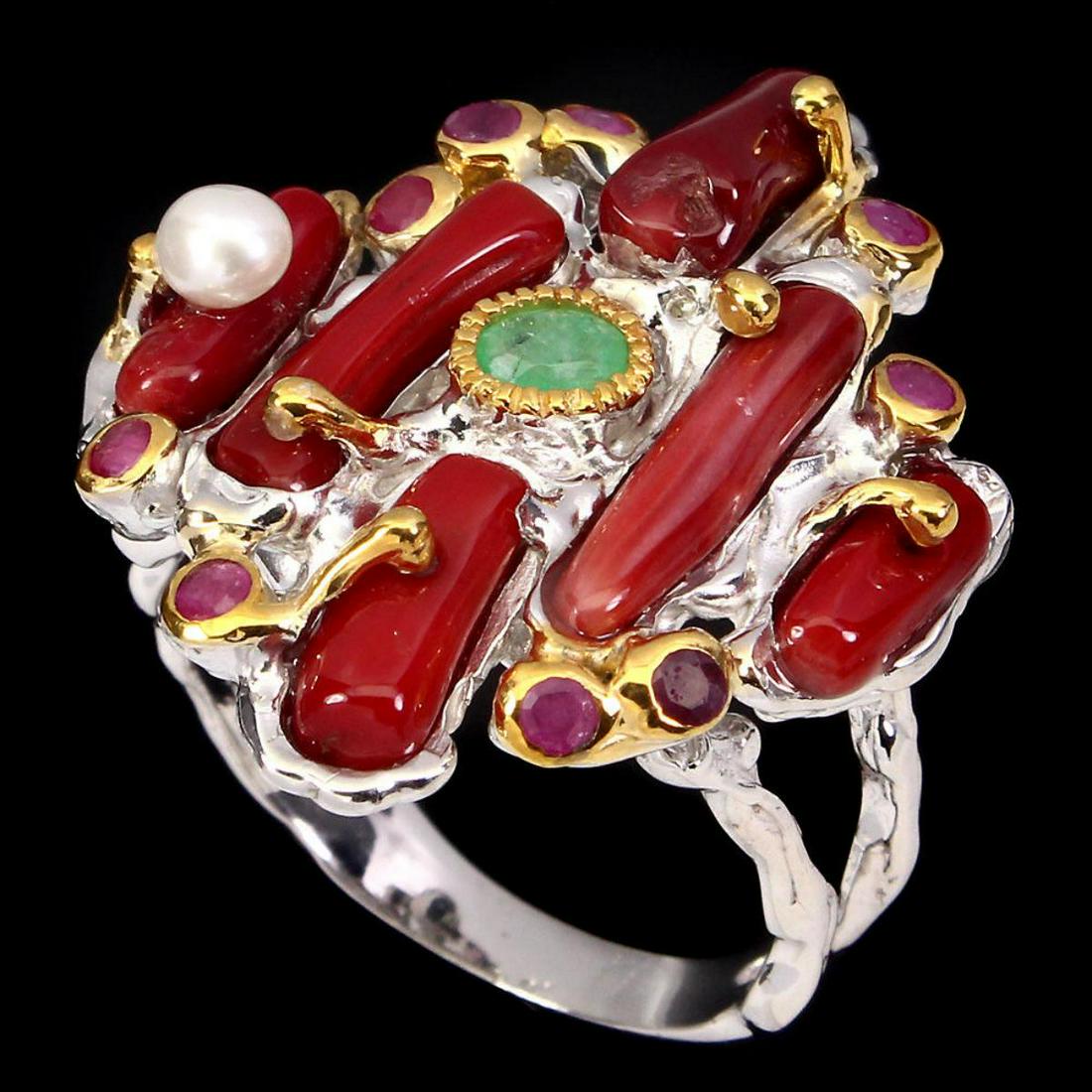 Natural Handmade Red Coral Pearl Emerald Ruby Ring (1 of 2)