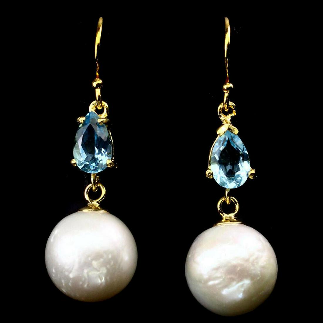 Natural Swiss Blue Topaz & Japanese Pearl Earrings (1 of 1)