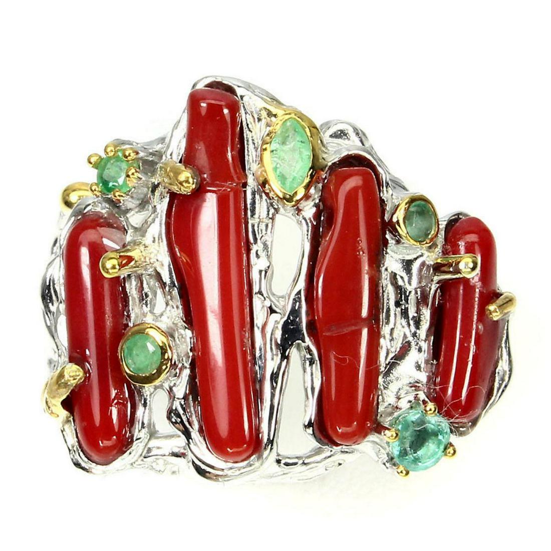 Natural 19x4mm Red Coral &  Emerald Ring (1 of 3)