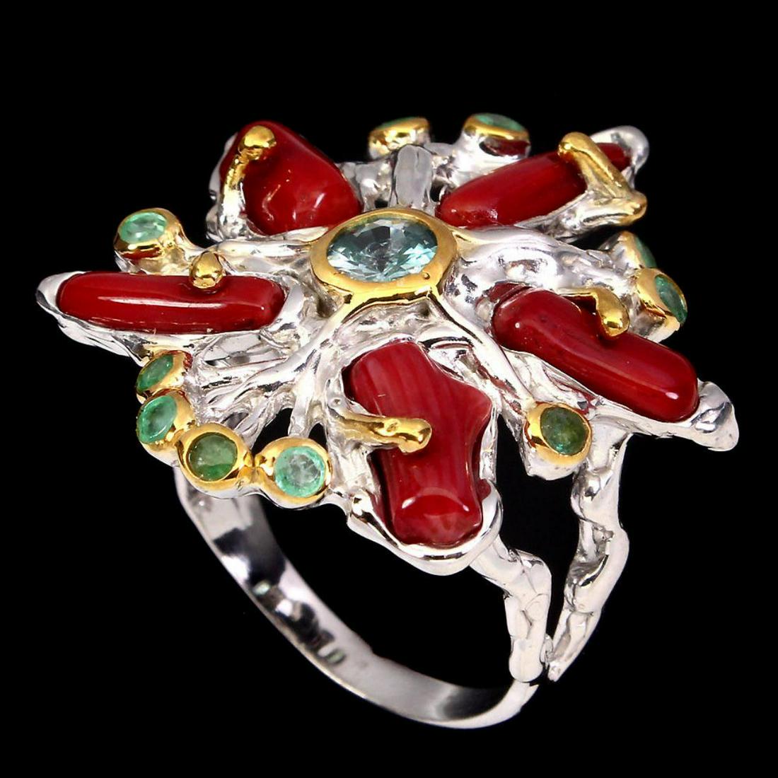 Natural Handmade Red Coral Zircon Emerald Ring (1 of 2)