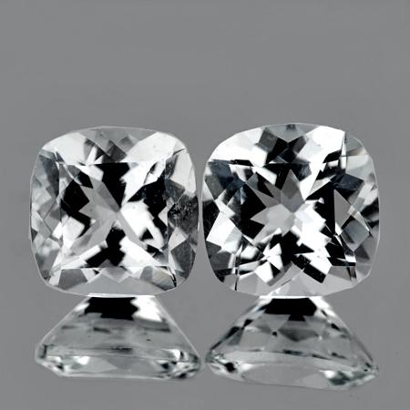 Natural Diamond White Aquamarine Pair 6.50 MM - FL: Natural Aquamarine WEIGHT : 2.01 cts SHAPE : Cushion SIZE ( L x W x D ) : 6.50 mm QUANTITY : 2 pieces (Perfect Matching Pair) COLOR : Diamond White CLARITY : Flawless-VVS1 ORIGIN : Africa HARDNESS : 8