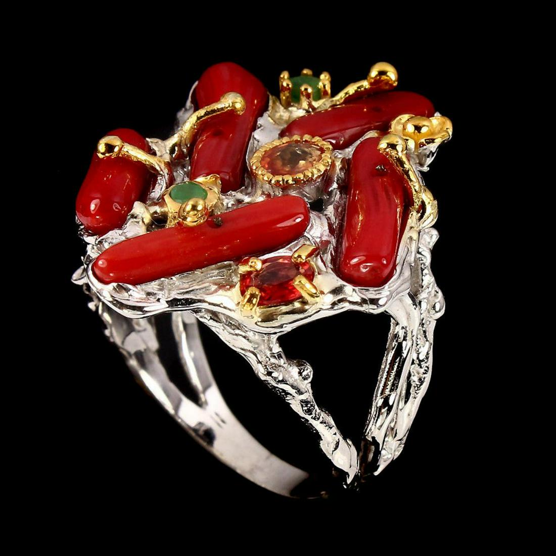 Natural Red Coral Emerald Sapphire Ring (1 of 3)