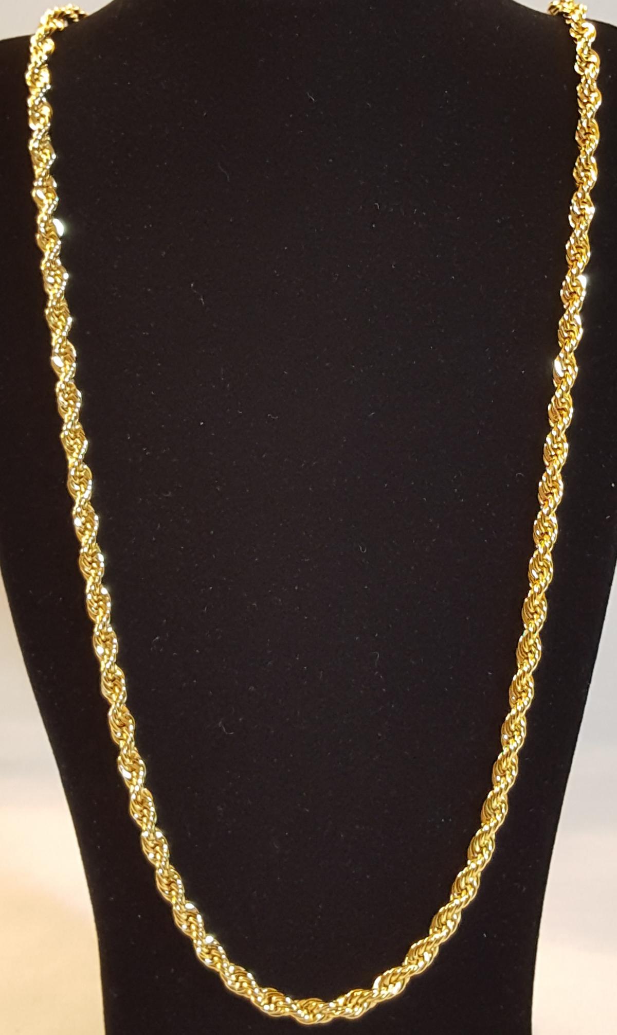 AWESOME 14 Kt. GOLD PLATED ROPE CHAIN.: AWESOME 14 Kt. GOLD PLATED ROPE CHAIN.THIS CHAIN IS 24" LONG AND 3 mm. THICK. APPROX 23 GRAMS. SHOWS LIKE SOLID GOLD WITHOUT THE SOLID GOLD PRICE. GET READY FOR THE COMPLIMENTS ON THIS ONE.