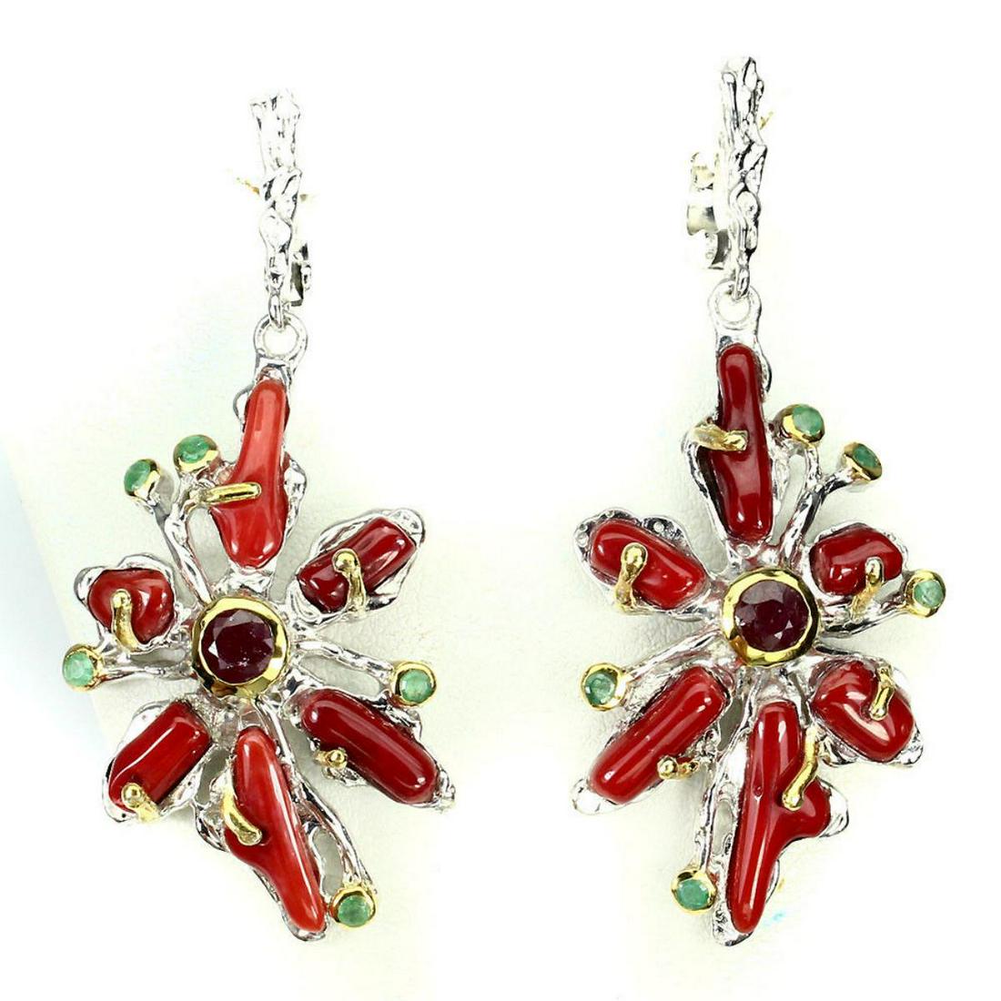 Natural Handmade Red Coral Ruby & Emerald Earrings (1 of 1)