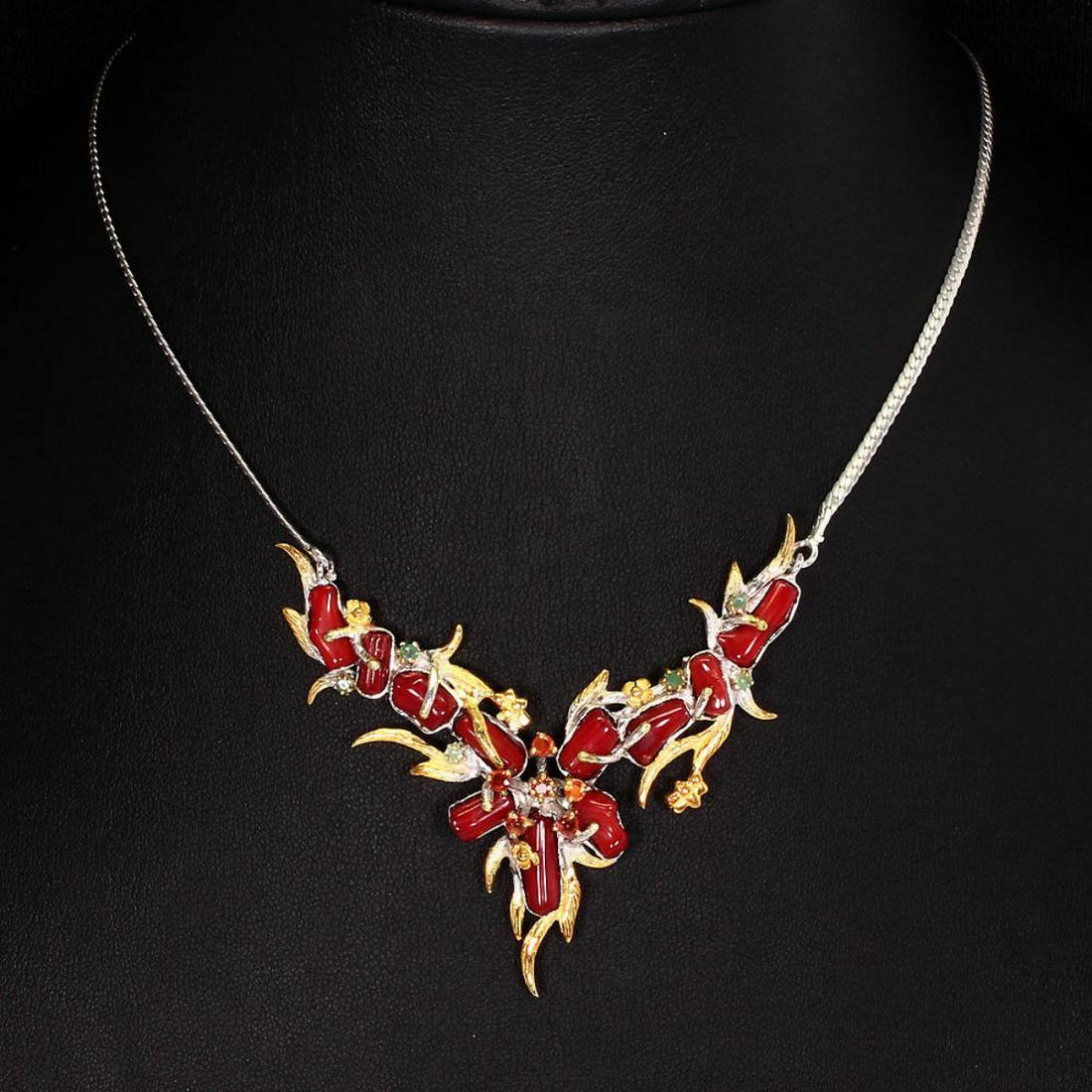 Handmade Natural Red Coral Emerald Sapphire Necklace (1 of 3)