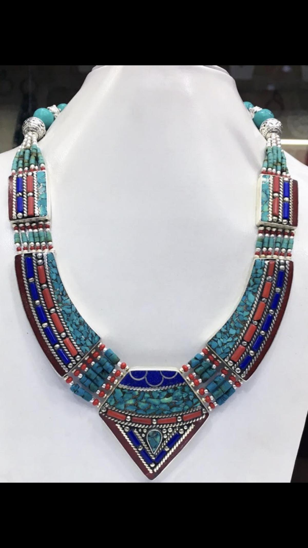 Tibet Hand Made Turquoise, Coral, Lapis Lazuli Necklace: Tibet Natural Stone Hand Made Turquoise, Coral & Lapis Lazuli Necklace.......This elegant large Necklace was handcrafted in Tibet, the home of exquisite jewelry craftsmanship. It was skillfully made w