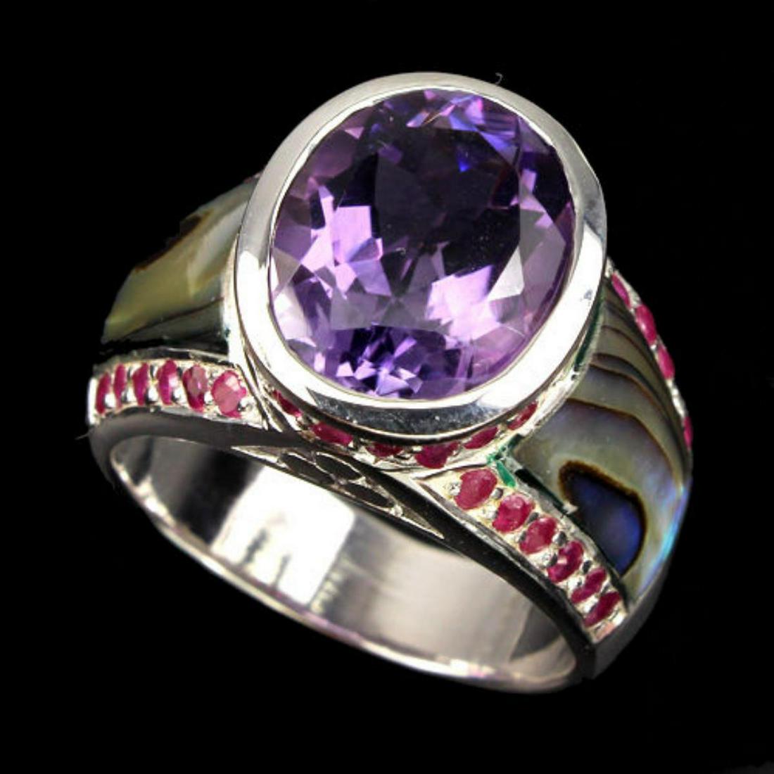Natural Purple Amethyst Ruby Mother Of Pearl 53 Ct Ring (1 of 2)