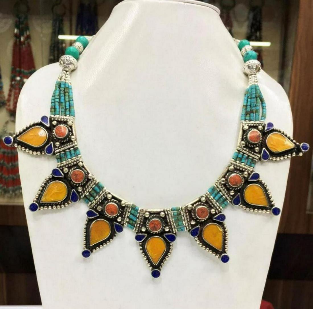 Tibet Hand Made Turquoise, Coral, Lapis Lazuli Necklace: Tibet Natural Stone Hand Made Turquoise, Coral & Lapis Lazuli Necklace.......This elegant large Necklace was handcrafted in Tibet, the home of exquisite jewelry craftsmanship. It was skillfully made w
